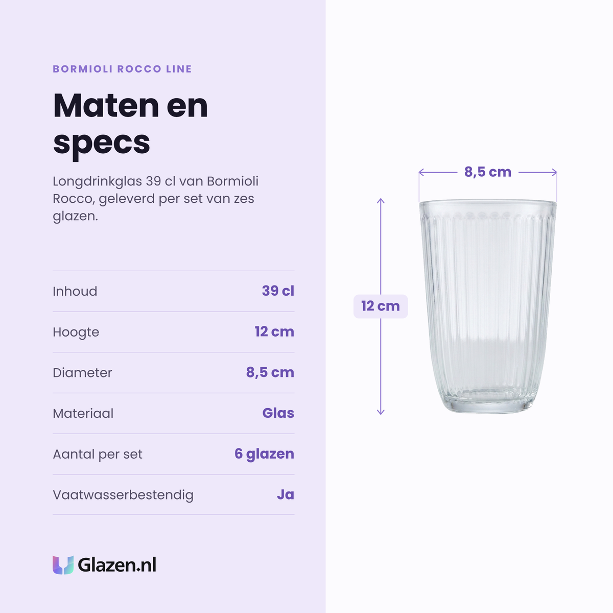 Bormioli Rocco Line longdrinkglas 39 cl specificaties: inhoud 39 cl, hoogte 12 cm, diameter 8,5 cm, glas, set van 6