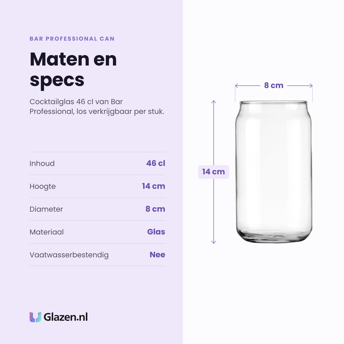 Bar Professional Can cocktailglas 46 cl specificaties: inhoud 46 cl, hoogte 14 cm, diameter 8 cm, glas, niet vaatwasserbestendig