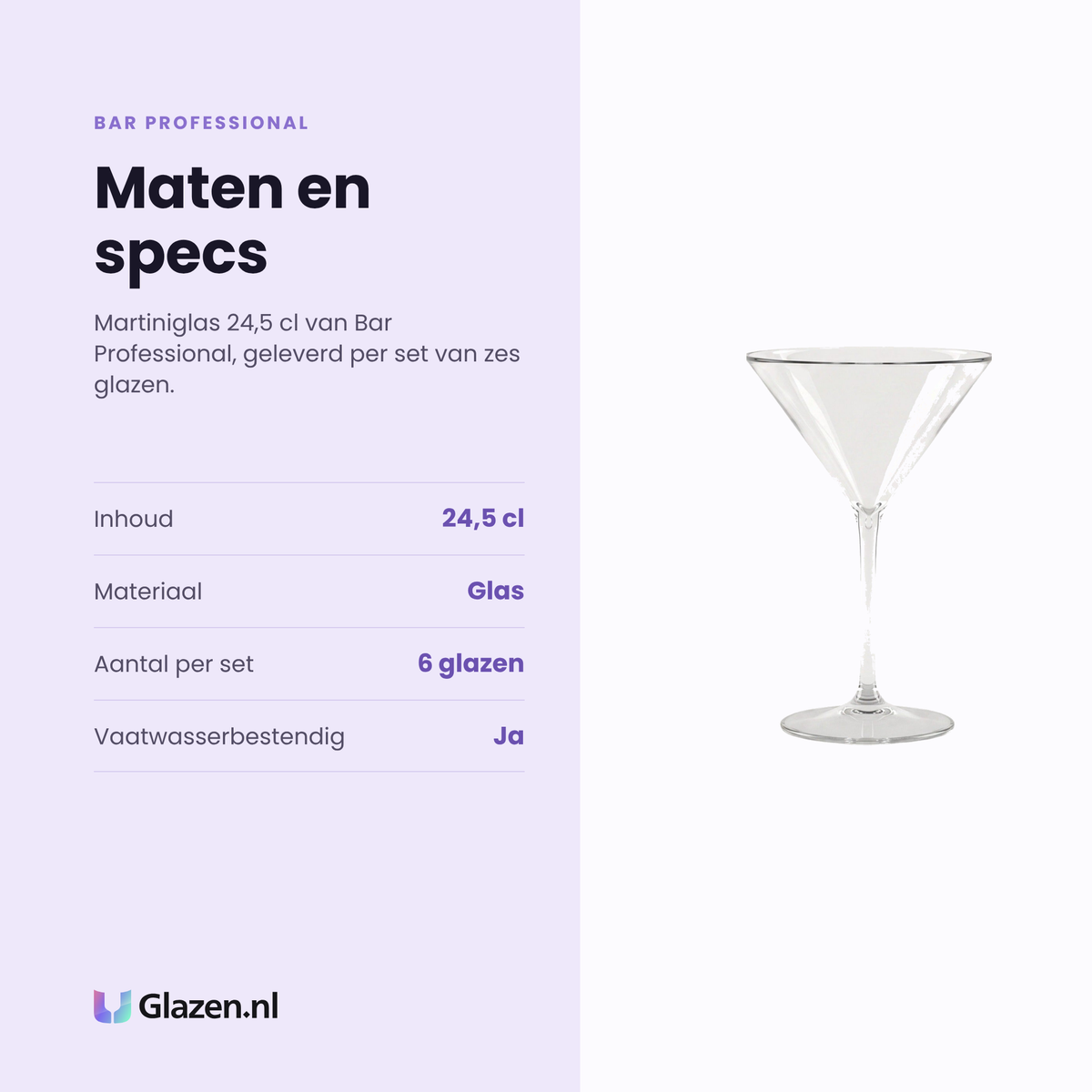Bar Professional martiniglas 24,5 cl specificaties: inhoud 24,5 cl, glas, set van 6, vaatwasserbestendig