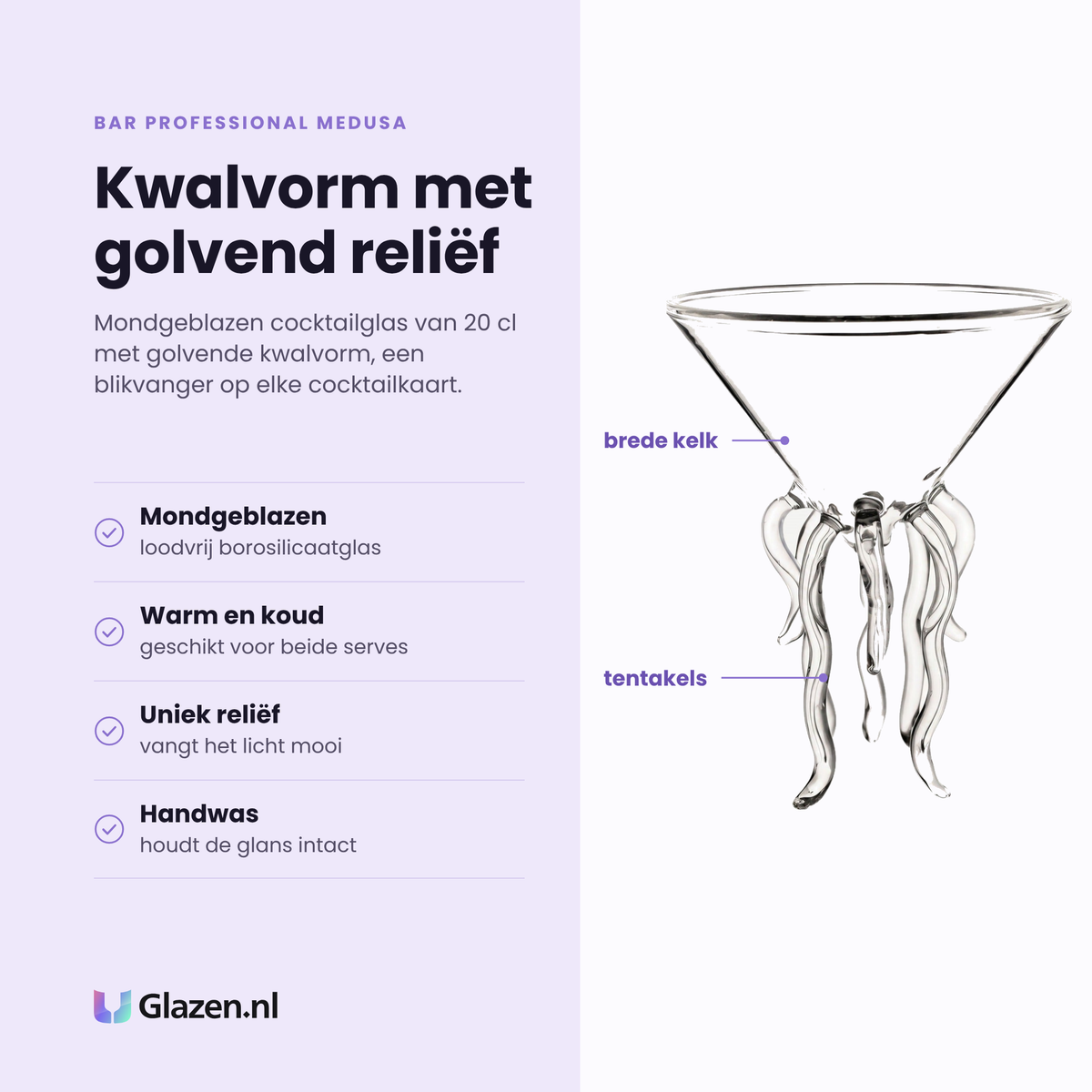 Bar Professional Medusa cocktailglas 20 cl eigenschappen: mondgeblazen borosilicaatglas, golvende kwalvorm, uniek reliëf dat licht vangt, handwas houdt de glans intact