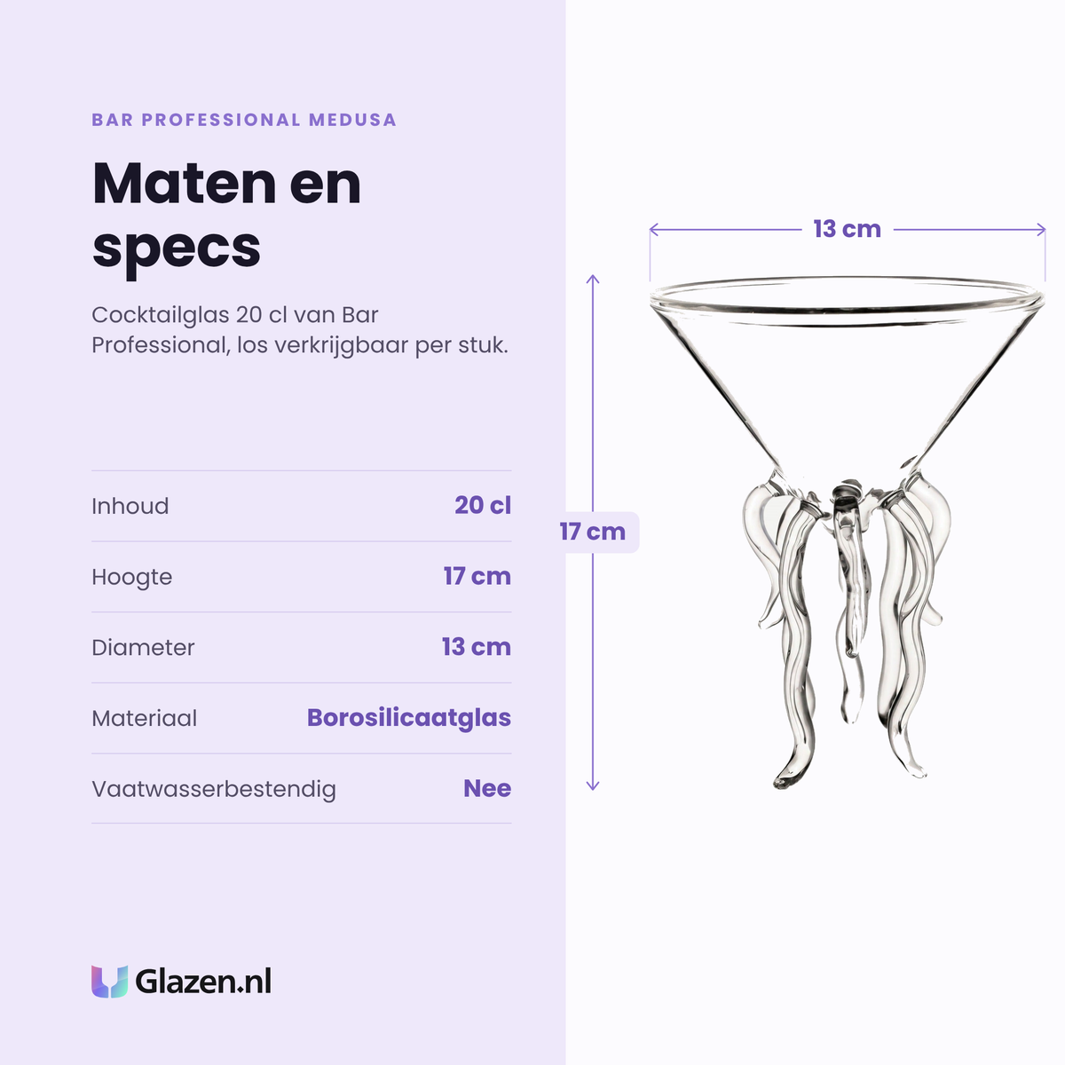 Bar Professional Medusa cocktailglas 20 cl specificaties: inhoud 20 cl, hoogte 17 cm, diameter 13 cm, borosilicaatglas, niet vaatwasserbestendig