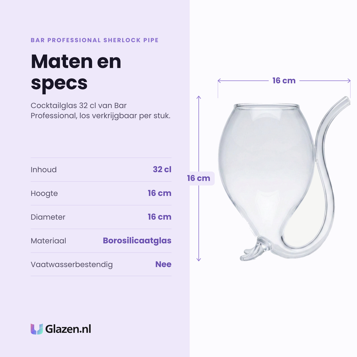 Bar Professional Sherlock Pipe cocktailglas 32 cl specificaties: inhoud 32 cl, hoogte 16 cm, diameter 16 cm, borosilicaatglas, niet vaatwasserbestendig