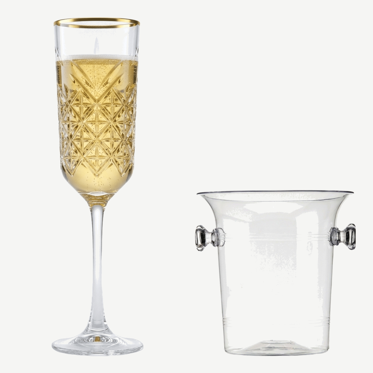 Cadeaubox bubbels 5 delig met vier flutes met gouden rand en wijnkoeler