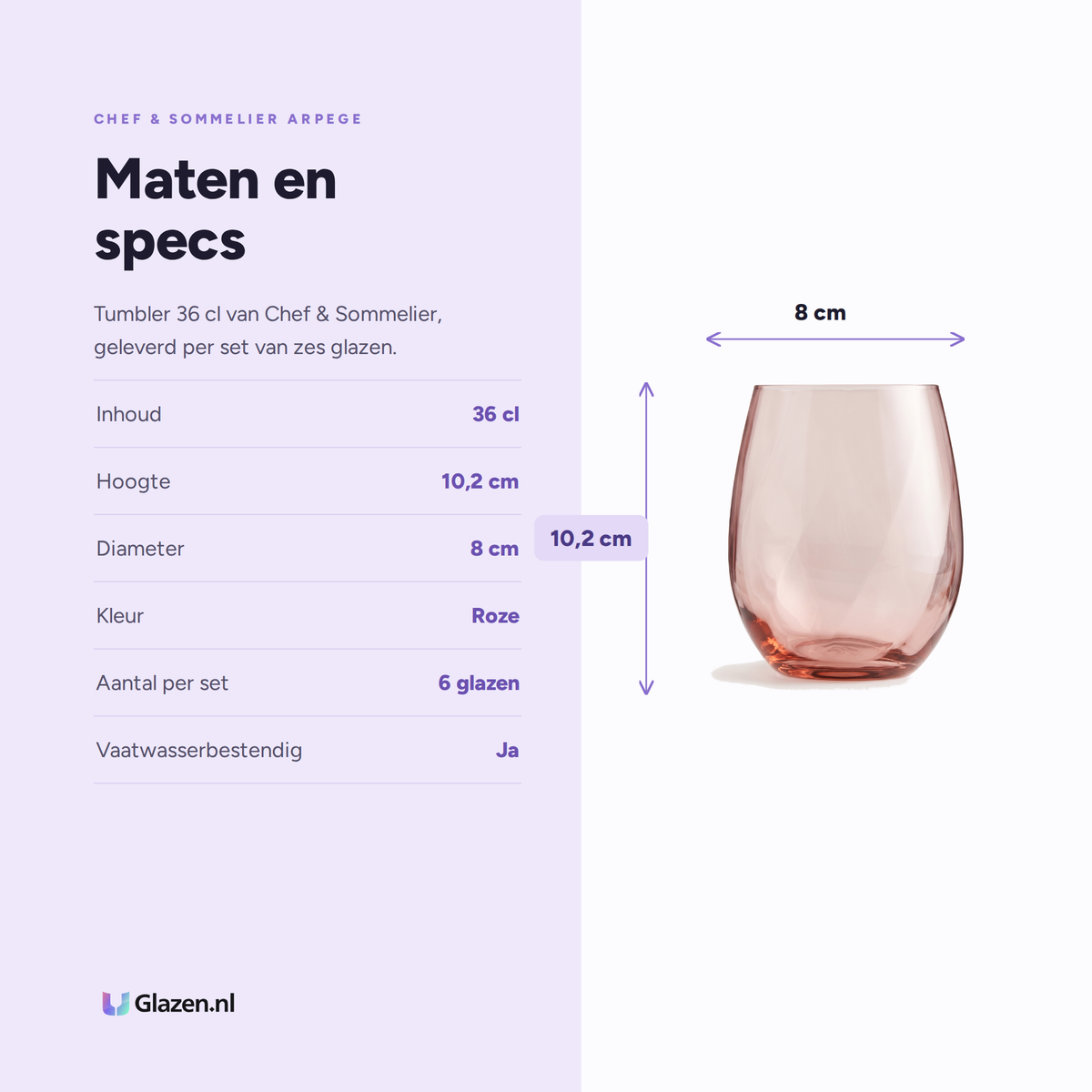 Chef & Sommelier Arpege Tumbler 36 Cl Roze specificaties: inhoud 36 cl, hoogte 10,2 cm, diameter 8 cm, kleur Roze, aantal per set 6 glazen, vaatwasserbestendig Ja