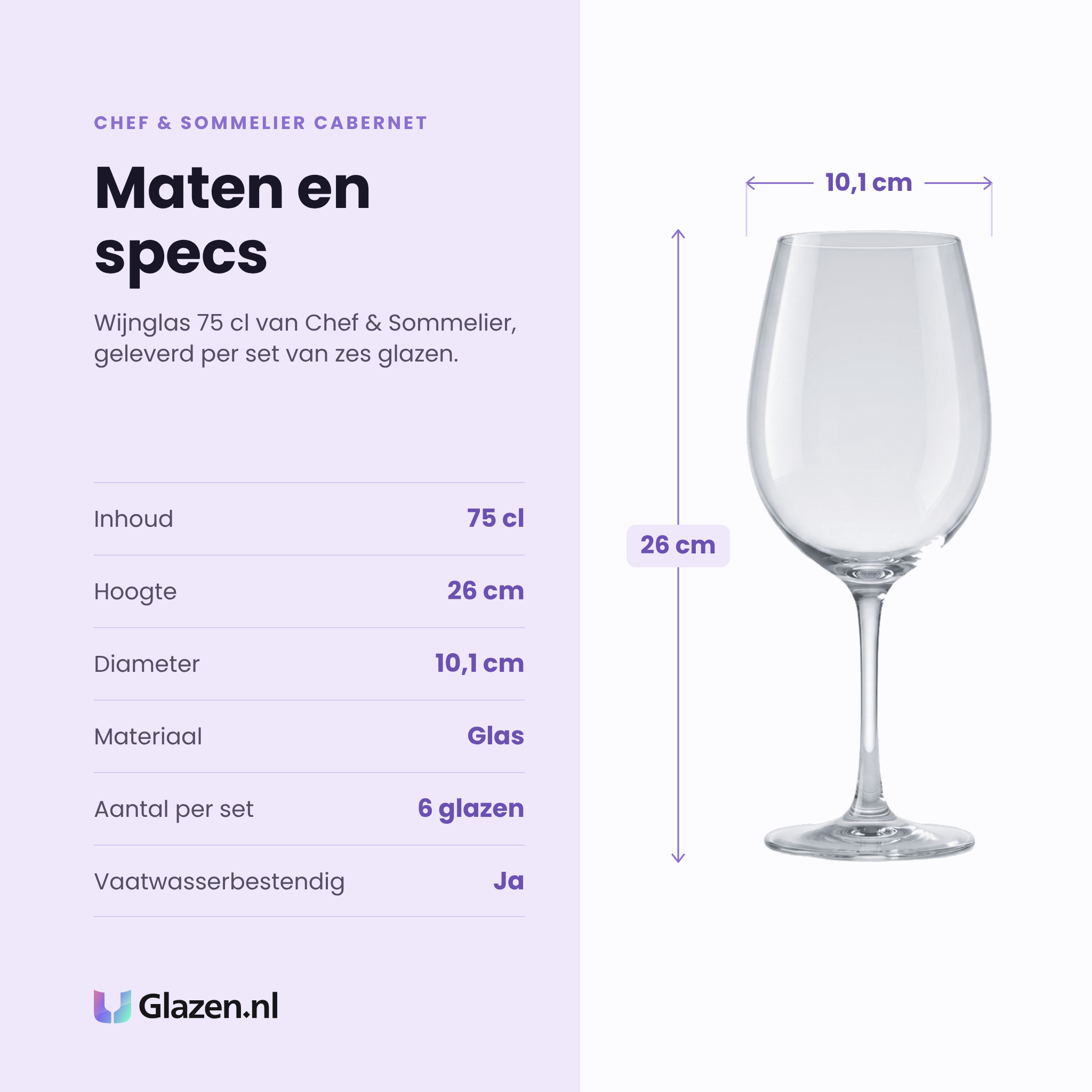 Chef & Sommelier Cabernet Tulip wijnglas 75 cl specificaties: inhoud 75 cl, hoogte 26 cm, diameter 10,1 cm, glas, set van 6