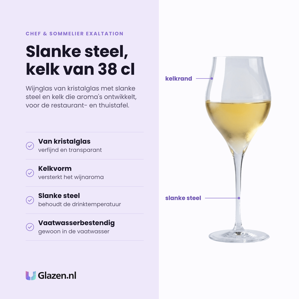 Chef & Sommelier Exaltation wijnglas 38 cl eigenschappen: van kristalglas, kelkvorm versterkt het wijnaroma, slanke steel, vaatwasserbestendig