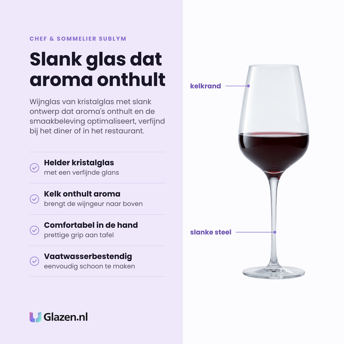 Chef & Sommelier Sublym wijnglas 45 cl eigenschappen: helder kristalglas, kelk onthult aroma, comfortabel in de hand, vaatwasserbestendig
