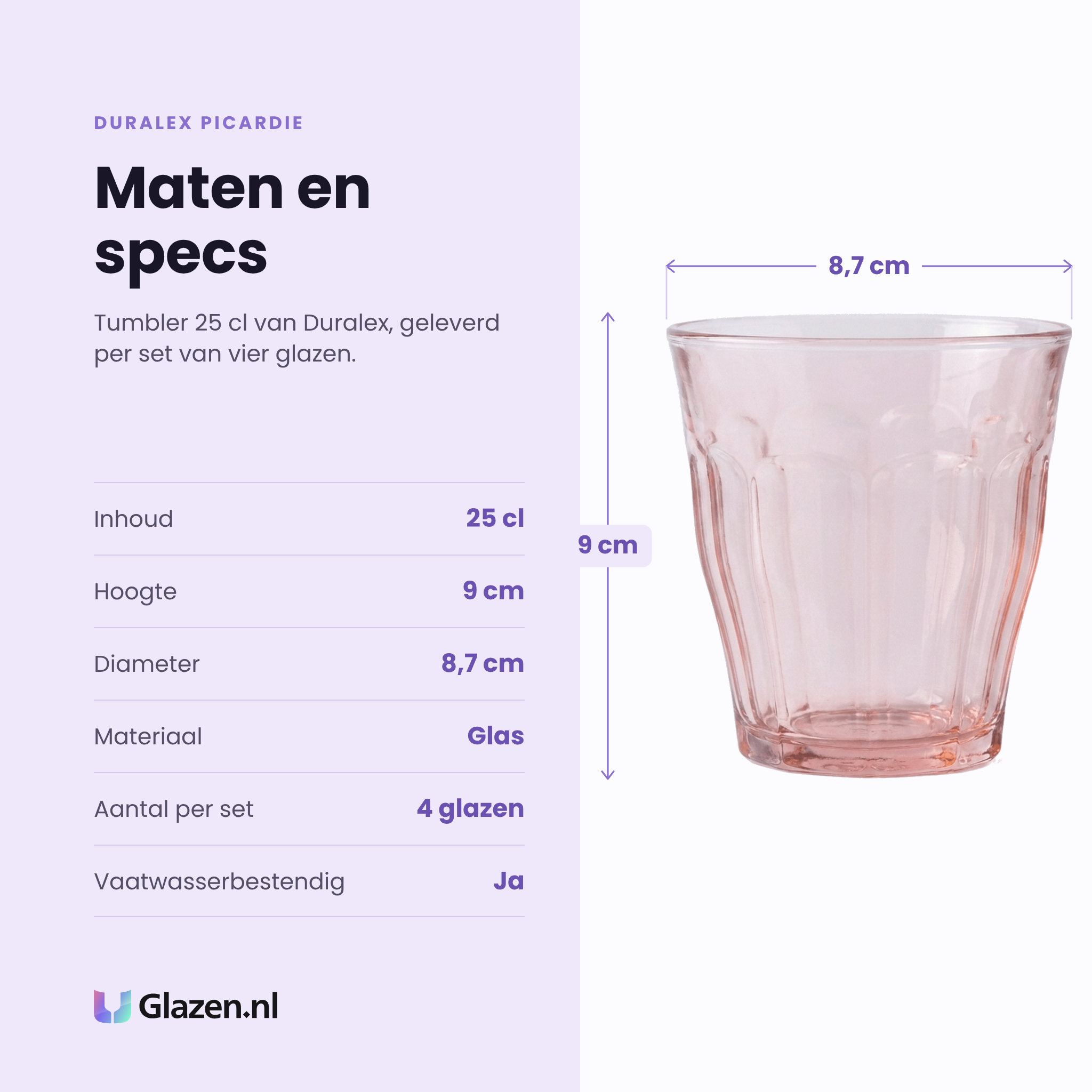 Duralex Picardie tumbler 25 cl specificaties: inhoud 25 cl, hoogte 9 cm, diameter 8,7 cm, glas, set van 4