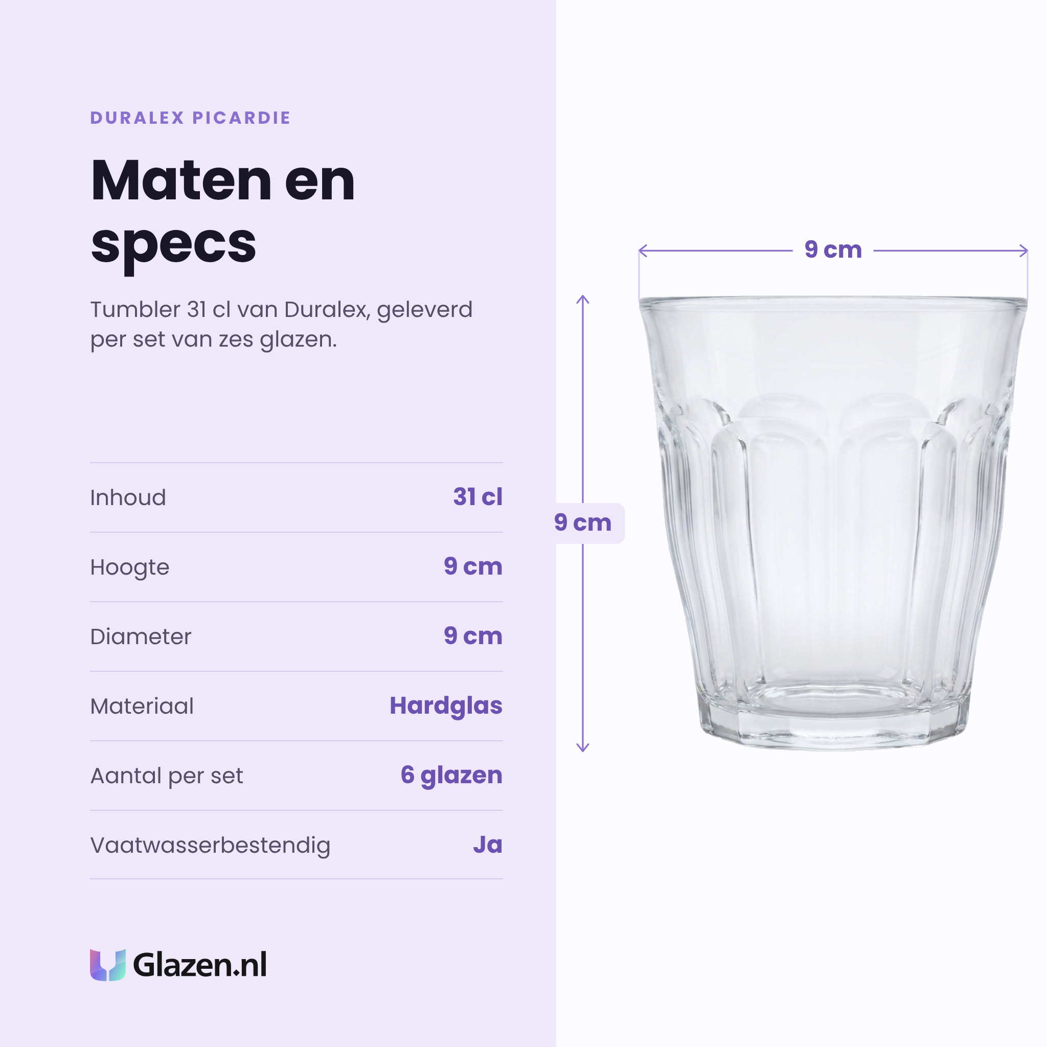 Duralex Picardie tumbler 31 cl specificaties: inhoud 31 cl, hoogte 9 cm, diameter 9 cm, hardglas, set van 6