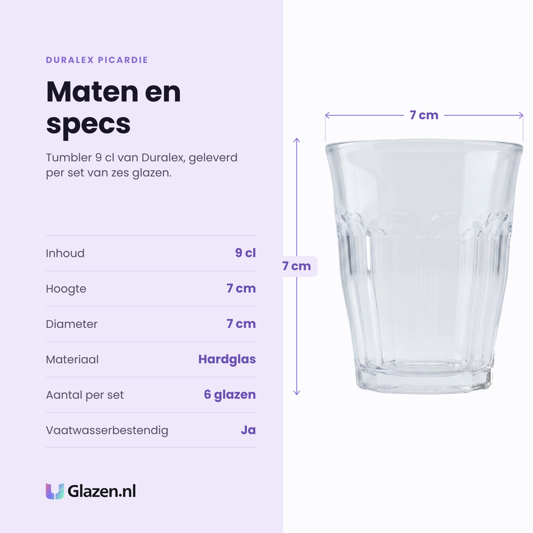 Duralex Picardie tumbler 9 cl specificaties: inhoud 9 cl, hoogte 7 cm, diameter 7 cm, hardglas, set van 6
