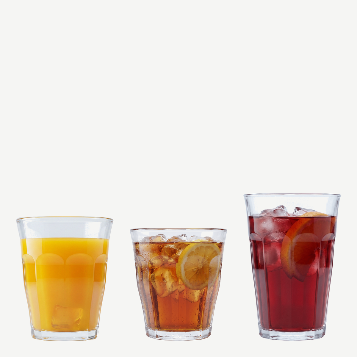 Duralex Picardie familieset met tumblers van 9, 20 en 36 cl gevuld