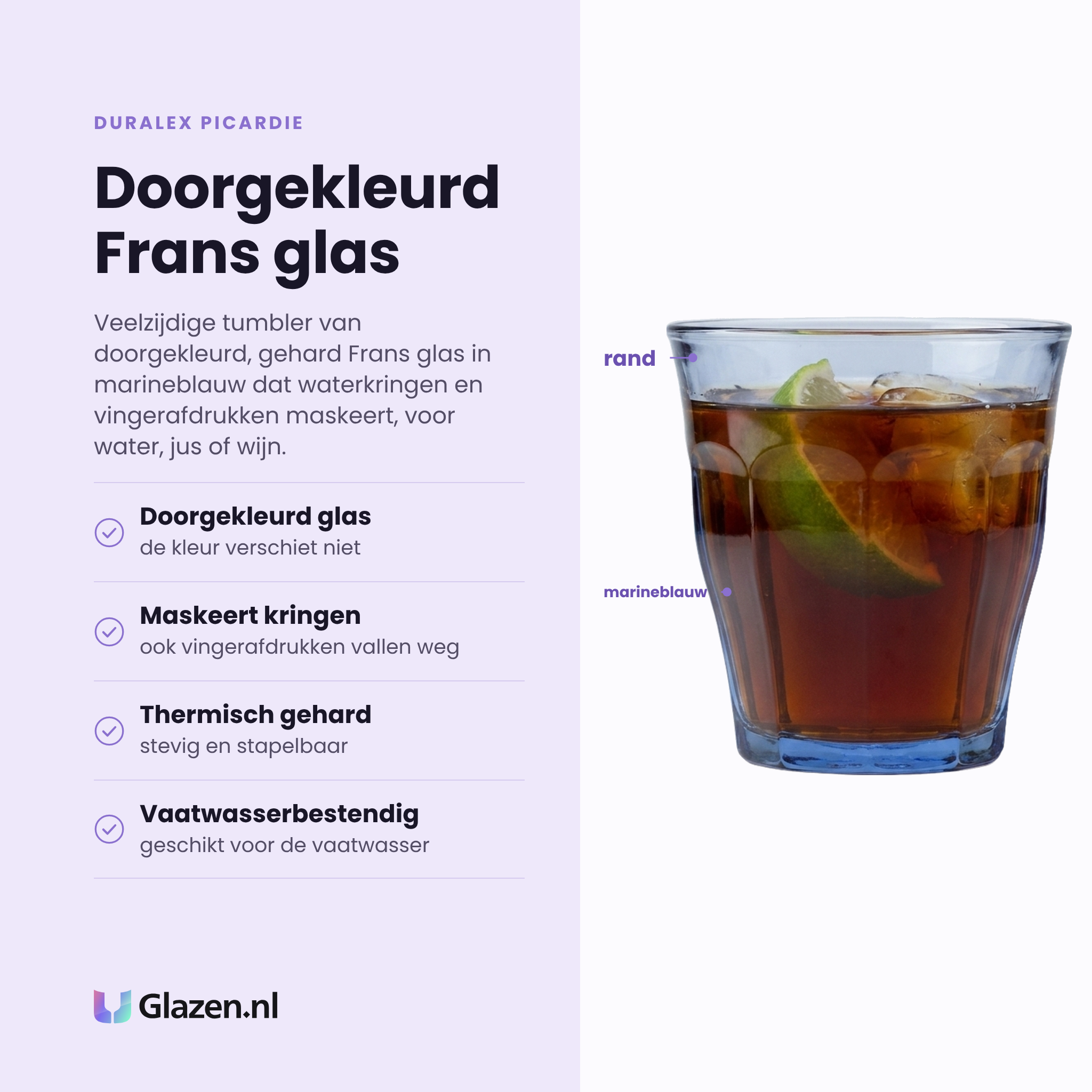 Duralex Picardie tumbler 25 cl eigenschappen: doorgekleurd glas, maskeert kringen, thermisch gehard, vaatwasserbestendig