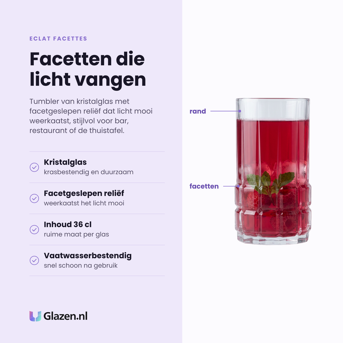 Eclat Facettes tumbler 36 cl eigenschappen: kristalglas, facetgeslepen reliëf, ruime maat van 36 cl, vaatwasserbestendig
