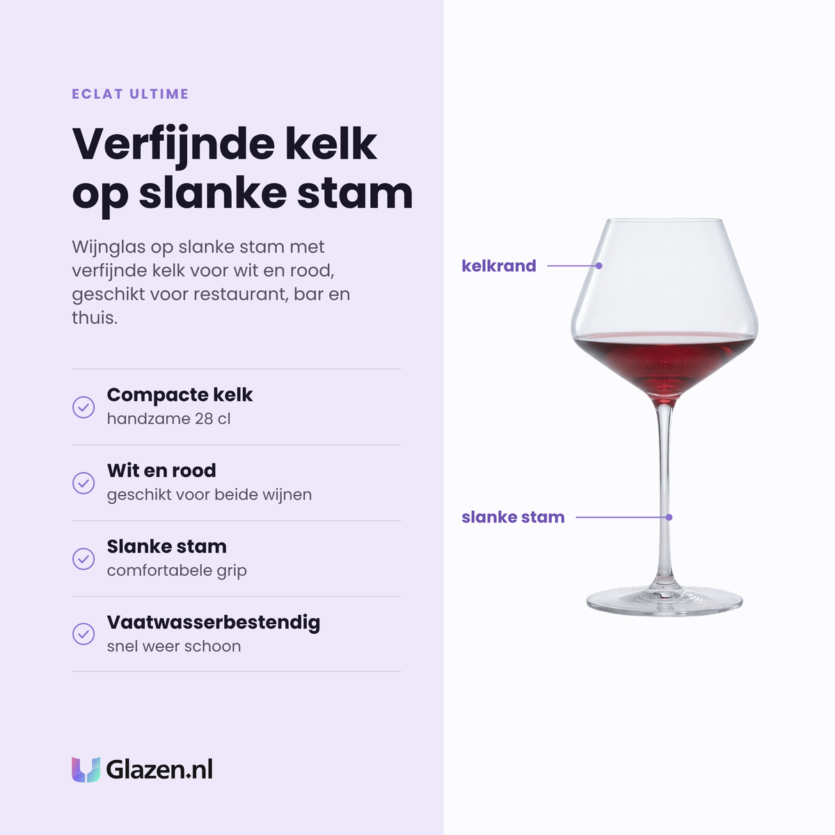 Eclat Ultime wijnglas 28 cl eigenschappen: compacte kelk van 28 cl, geschikt voor wit en rood, slanke stam, vaatwasserbestendig