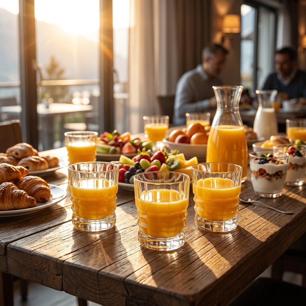 Arcoroc Louisiane tumblers met jus d'orange op ontbijtbuffet