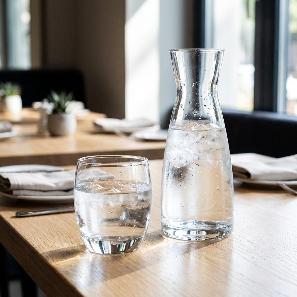Arcoroc Salto tumbler 32 cl gevuld met water naast karaf op restauranttafel