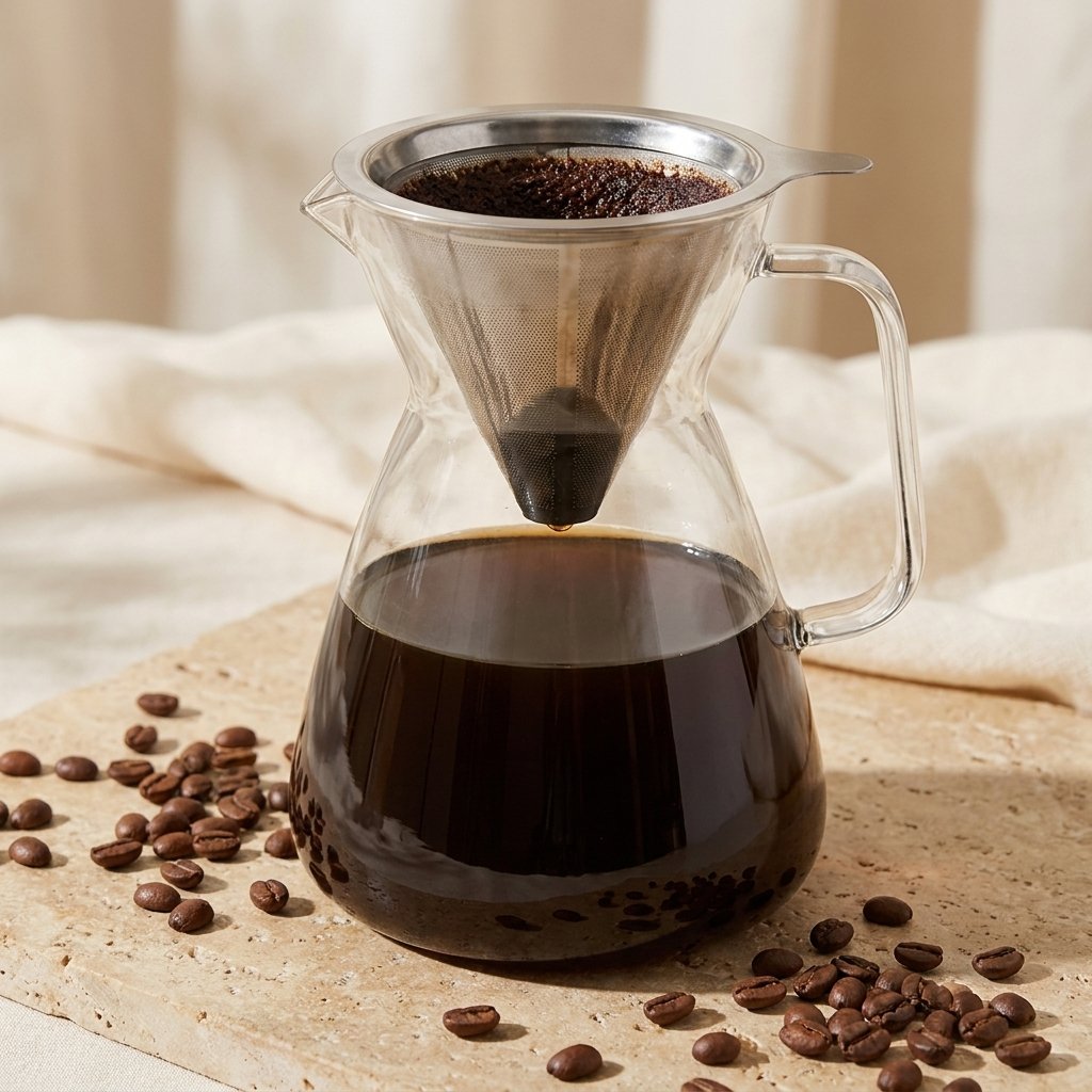 Detail close-up van Luigi Bormioli Thermic koffiemaker 1L met koffiebonen