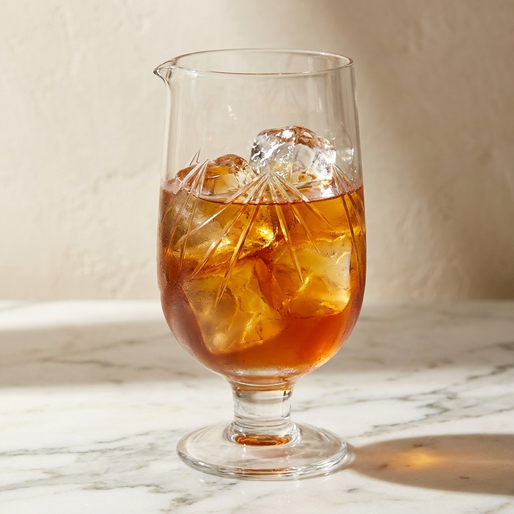 Speakeasy Footed mixglas op voet met cocktail tegen crème achtergrond