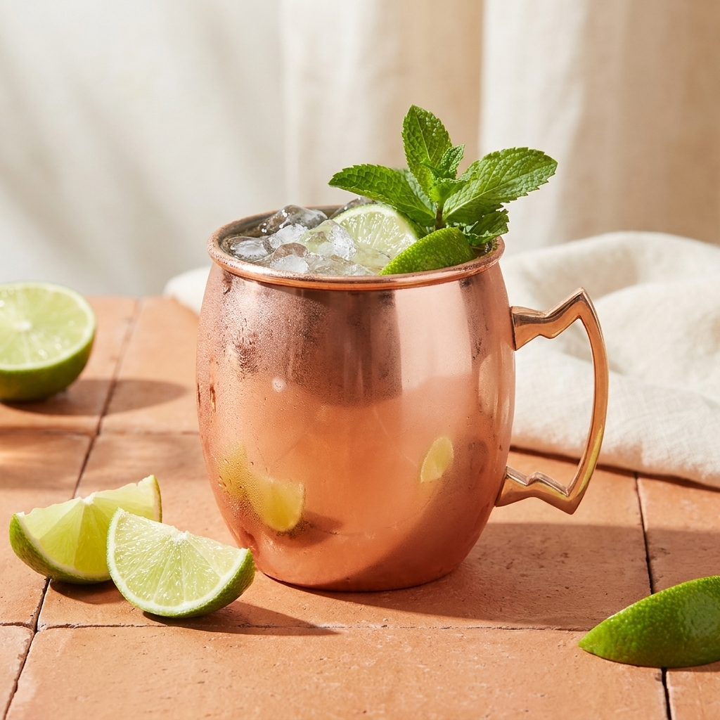 Speakeasy Moscow Mule curved beker tegen crème achtergrond met limoen en munt