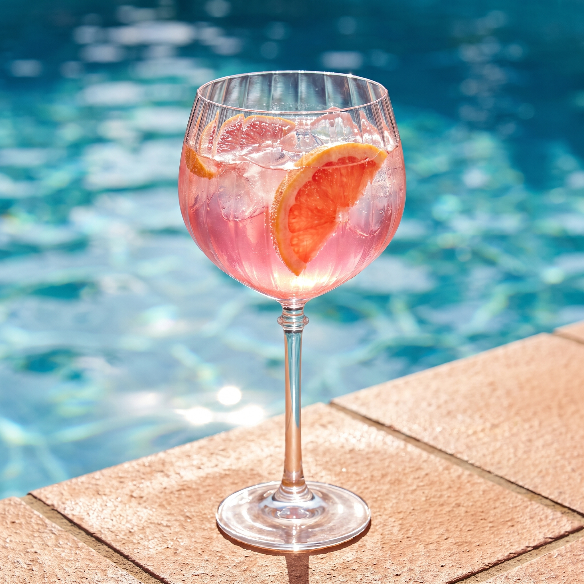 Gin tonic glas met roze grapefruitcocktail op de betegelde rand van een zwembad