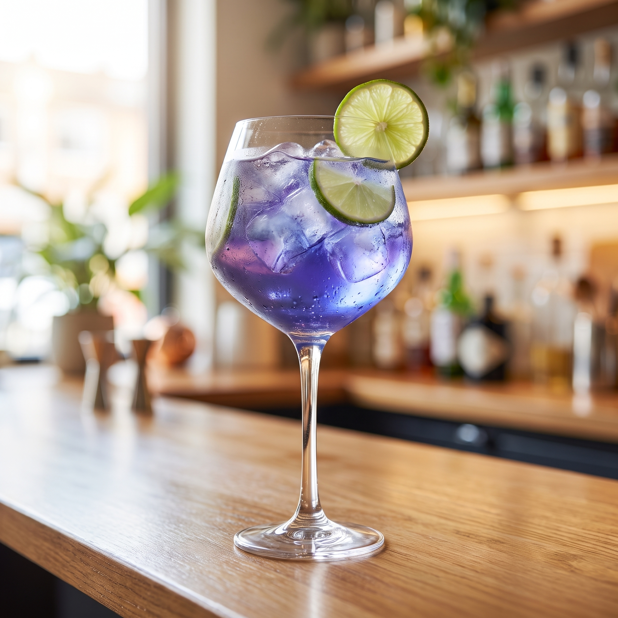 Gin tonic glas met violetblauwe cocktail op een cafétoonbank met bar op de achtergrond