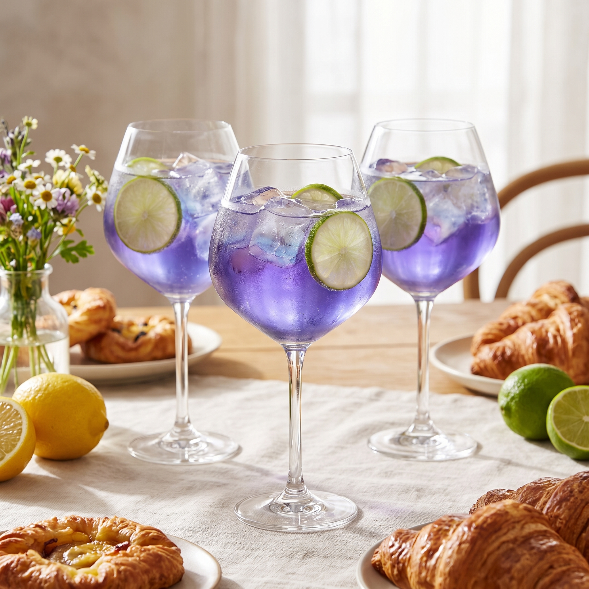 Drie gin tonic glazen met violetblauwe cocktail op een zonnige brunchtafel met citrus en gebak