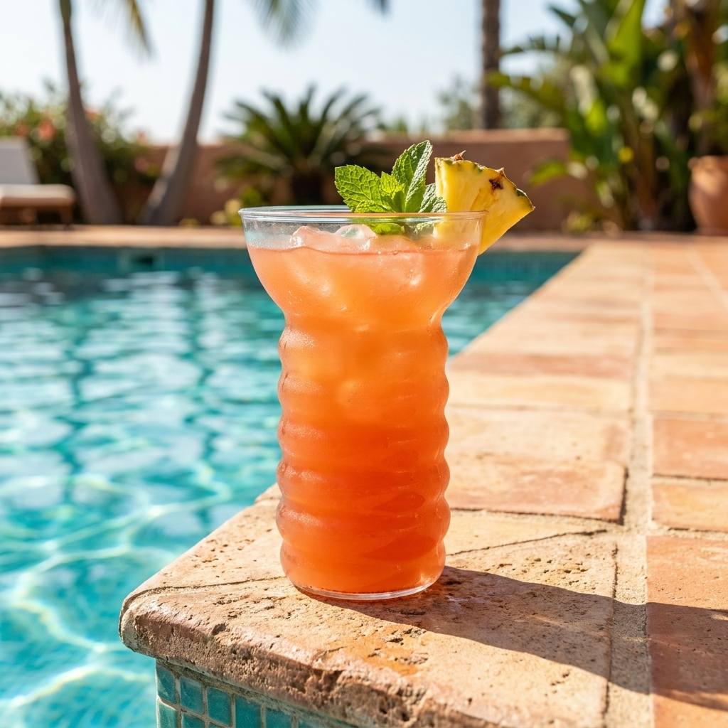 Pearl Diver cocktailglas met koraaloranje cocktail op de tegelrand van een zwembad
