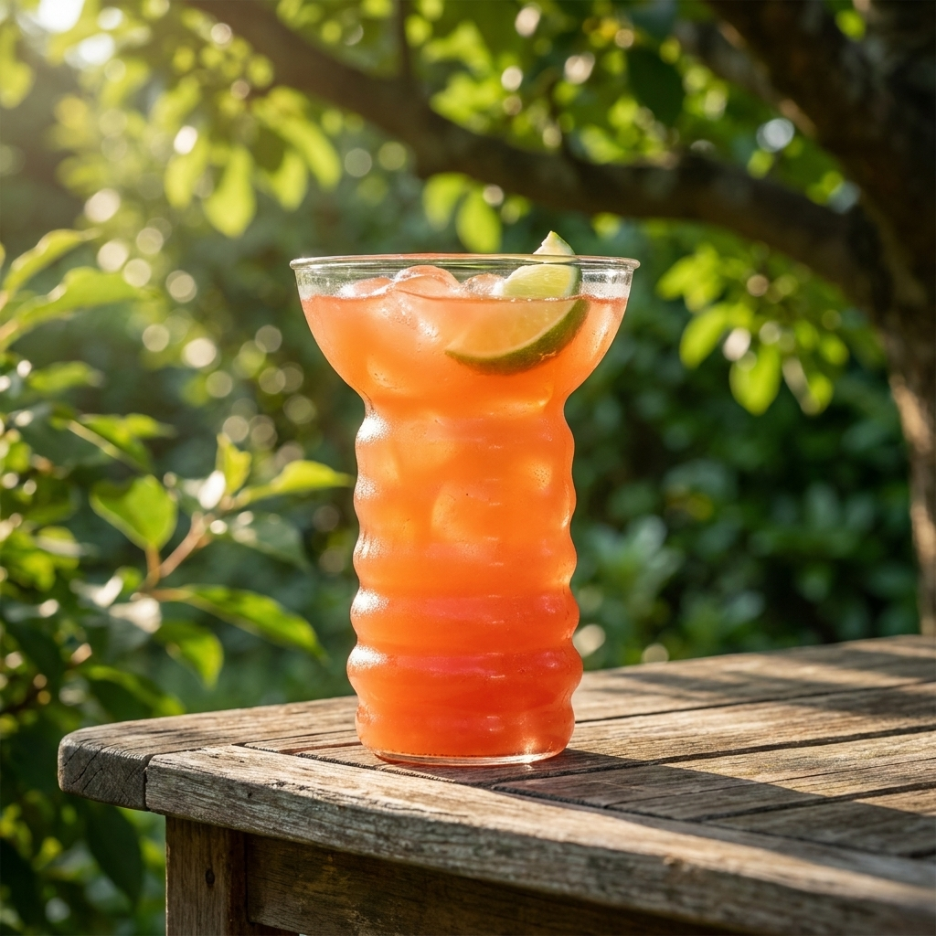 Pearl Diver cocktailglas met tropische cocktail op een houten tuintafel in gefilterd zomerlicht