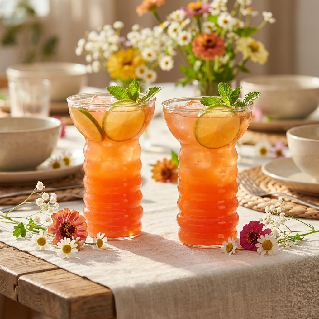 Twee Pearl Diver cocktailglazen met tropische cocktail op een zomerse feesttafel met linnen en bloemen