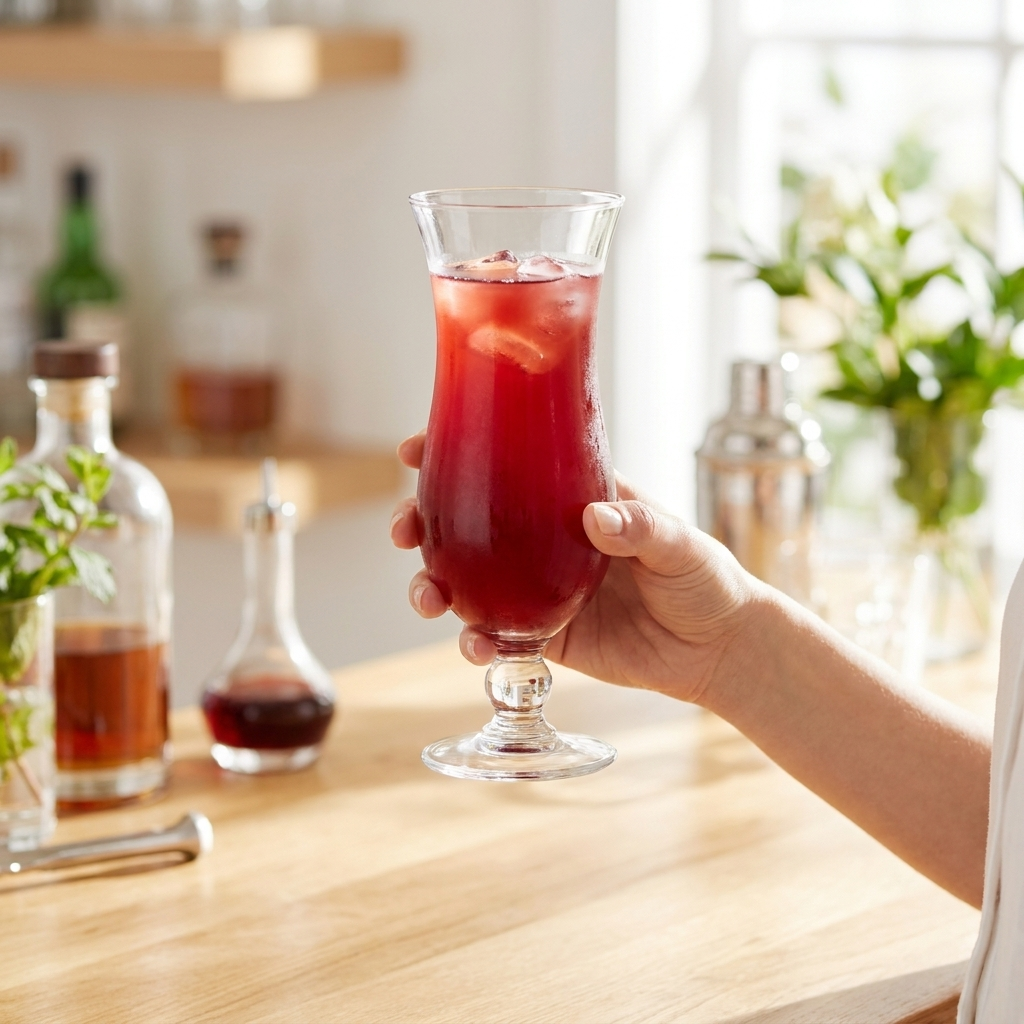 Hand houdt het Hurricane cocktailglas vast, waardoor de grootte van het glas goed zichtbaar is