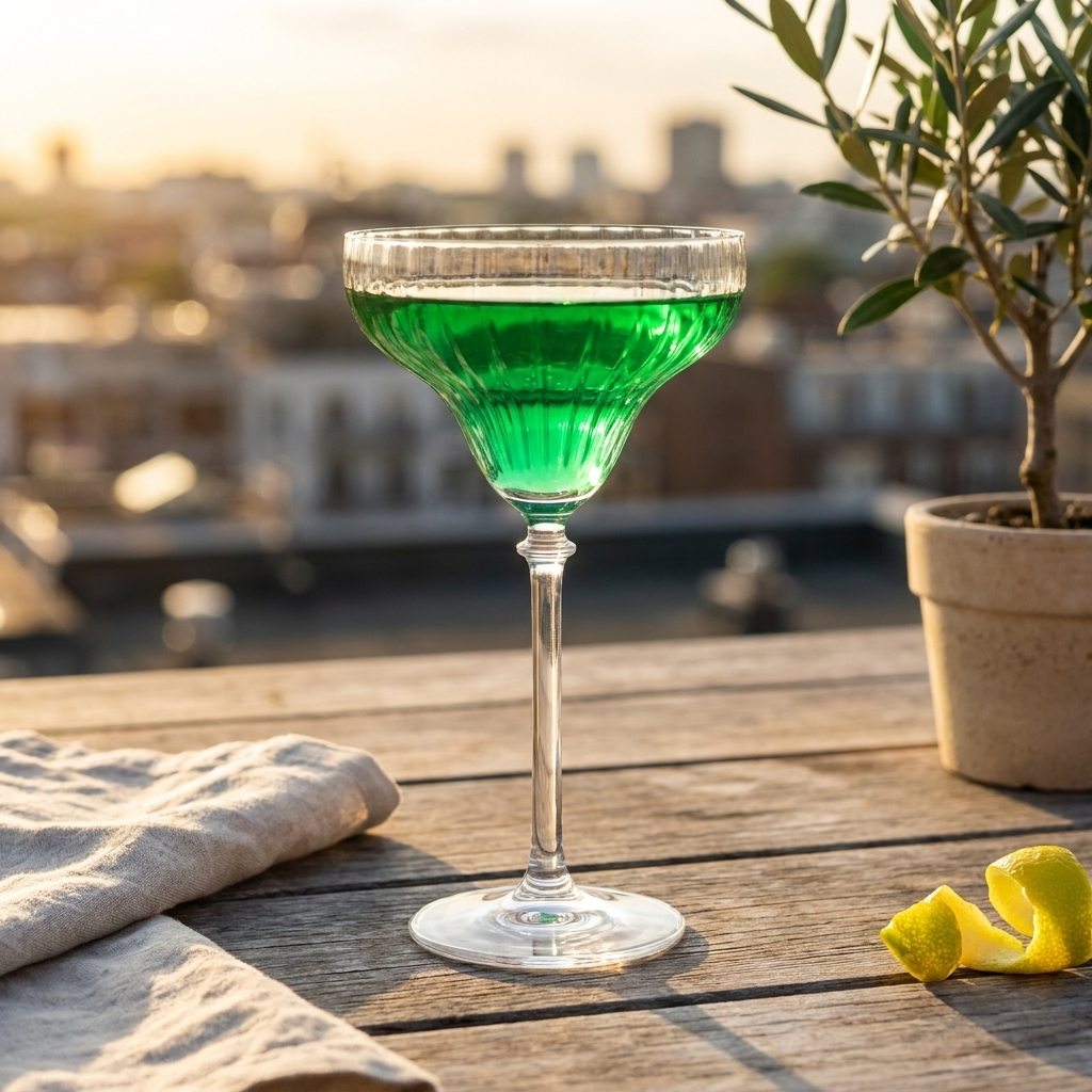 Bonheur cocktailglas met groene cocktail op een dakterras bij avondlicht