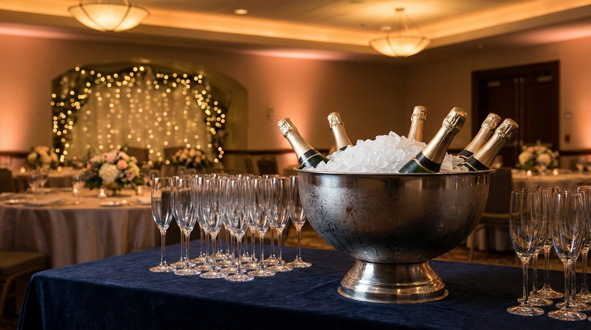 Brede roestvrijstalen champagneschaal met zes flessen op ijs op een receptietafel