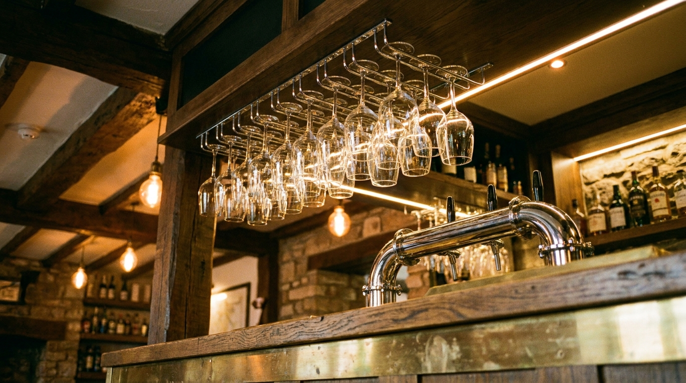 Chromen glazenrek onder een plank boven de bar met hangende wijnglazen