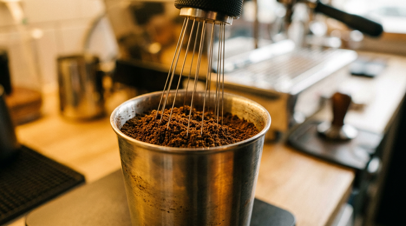 WDT-tool met dunne naalden breekt klontjes gemalen koffie in een doseerbeker