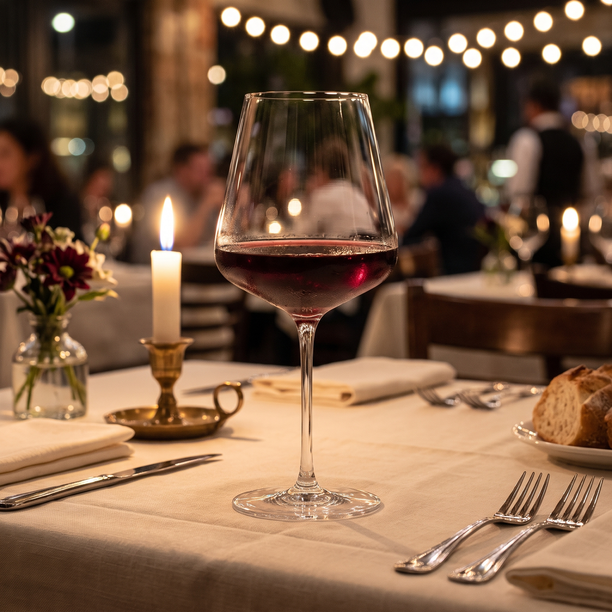 Spiegelau Definition bordeauxglas 75 cl met rode wijn op een gedekte restauranttafel