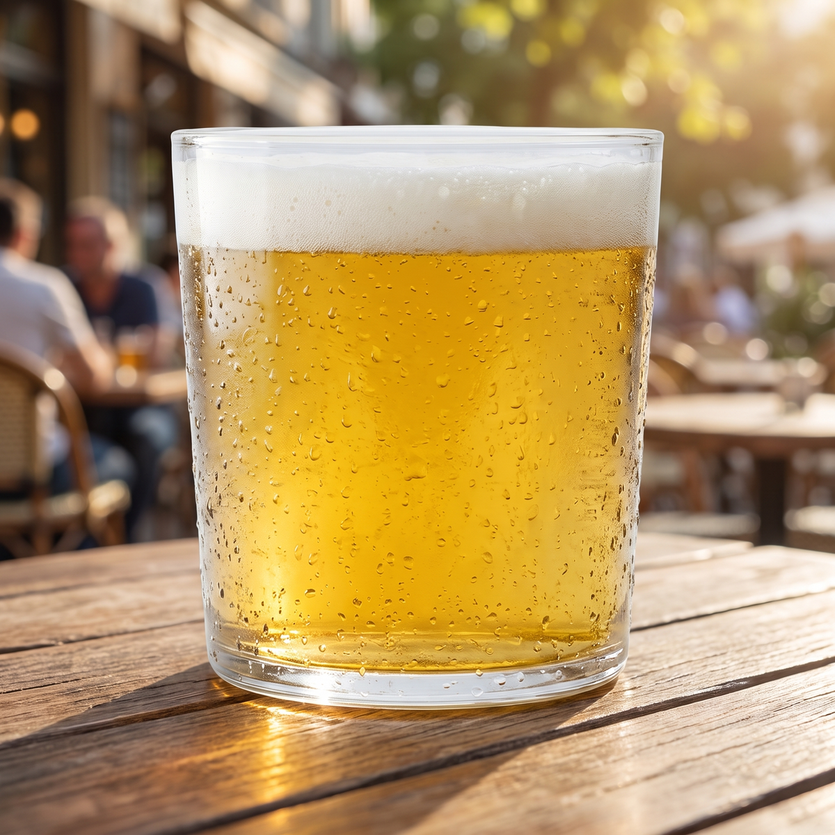Bormioli Rocco Bodega bierglas 35 cl met blond bier op een terrastafel