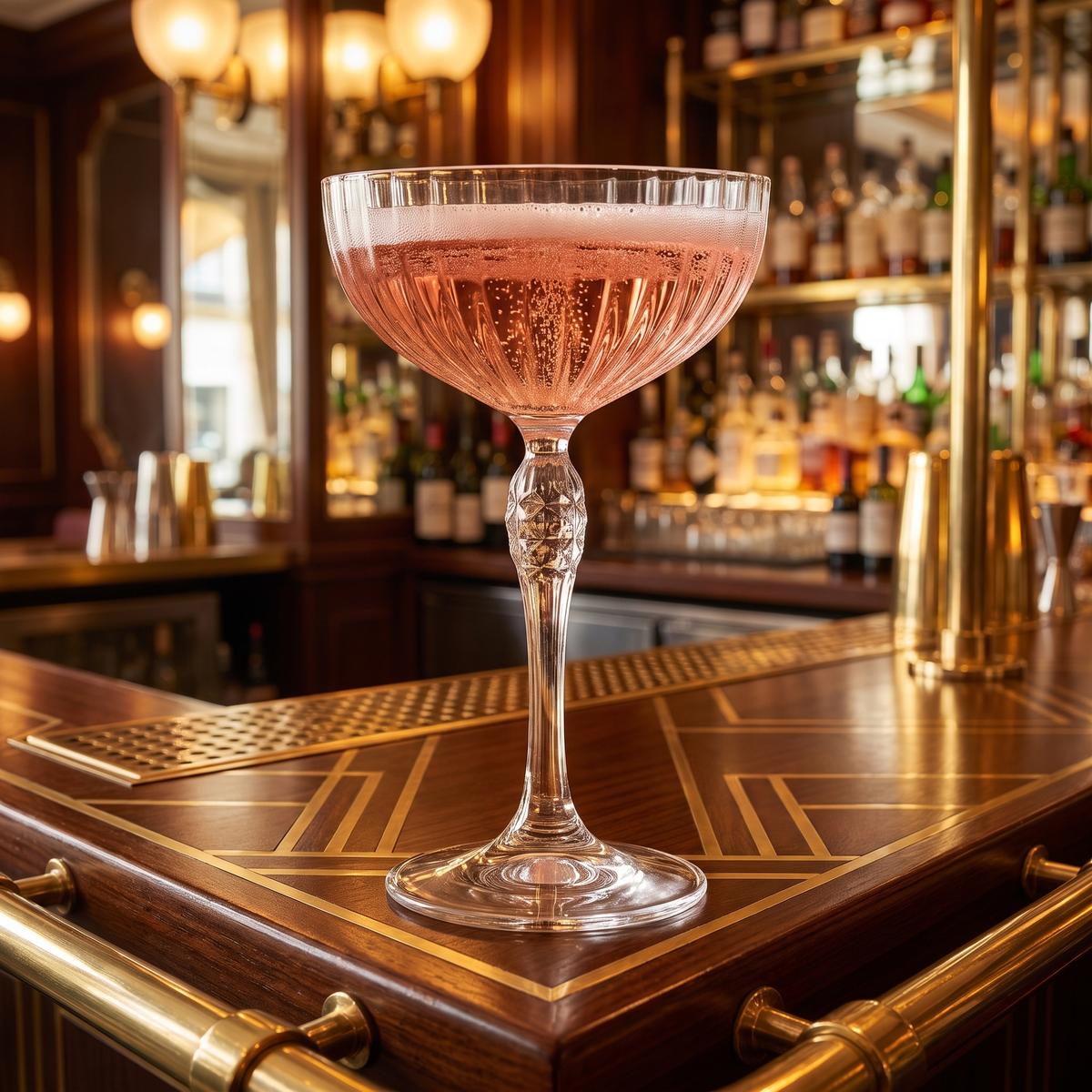 Bormioli Rocco America 20s coupe 22 cl met roze cocktail aan een art deco bar