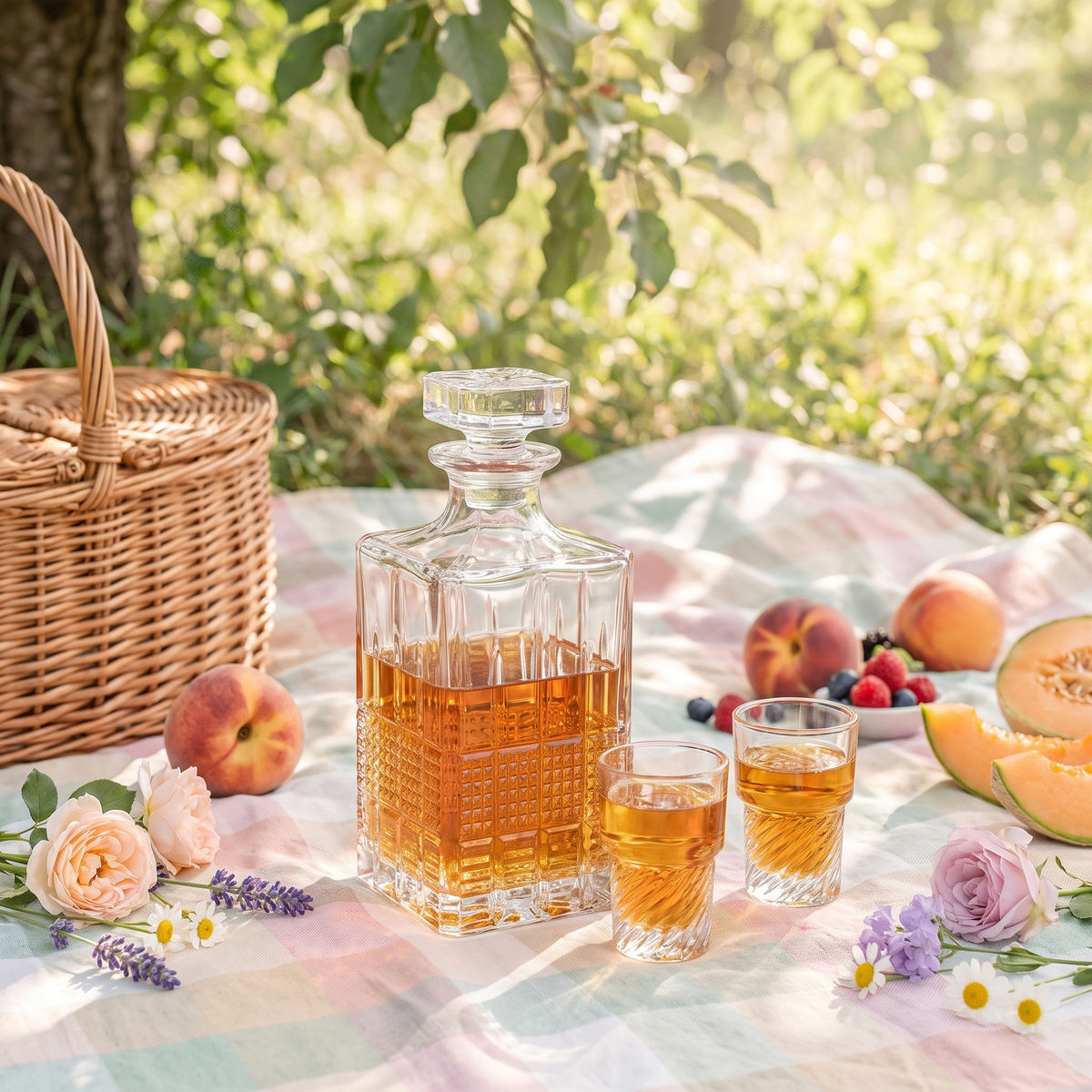 Novecento likeurset in een zomerse picknickscene
