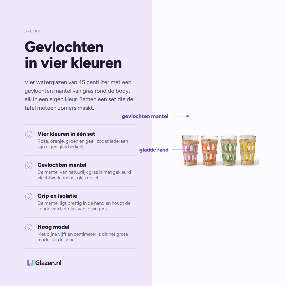 J-Line Waterglas 45 Cl Gevlochten Groot Assorti - 4 Stuks eigenschappen infographic