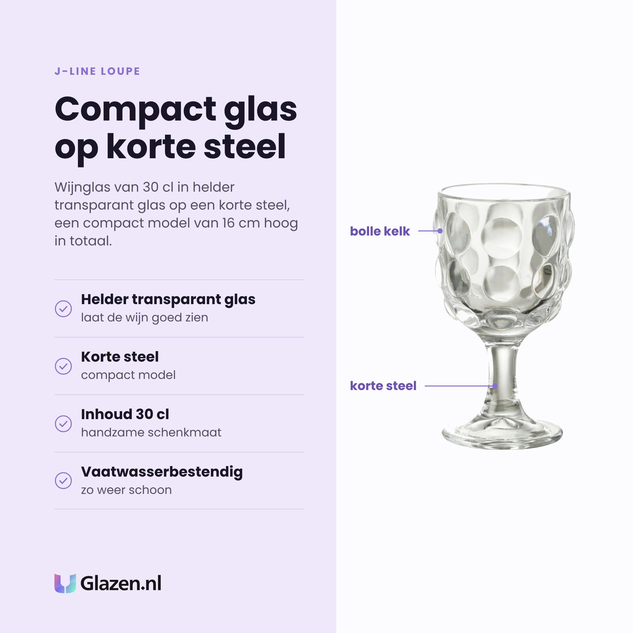 J-Line Loupe wijnglas 30 cl eigenschappen: helder transparant glas, korte steel, inhoud 30 cl, vaatwasserbestendig