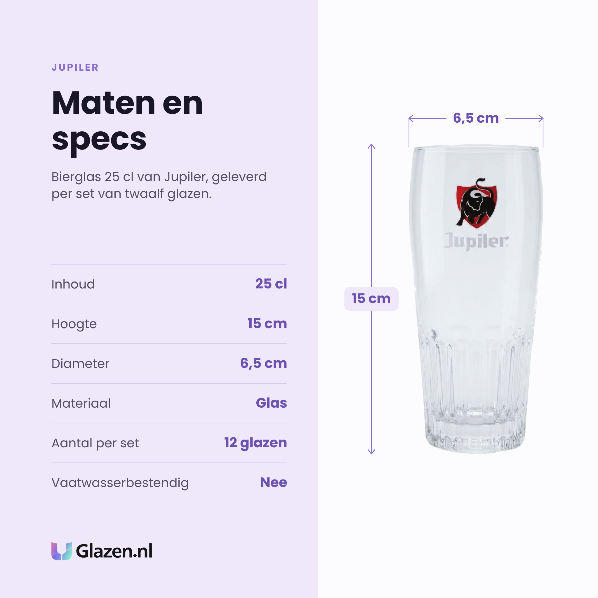 Jupiler bierglas 25 cl specificaties: inhoud 25 cl, hoogte 15 cm, diameter 6,5 cm, glas, set van 12