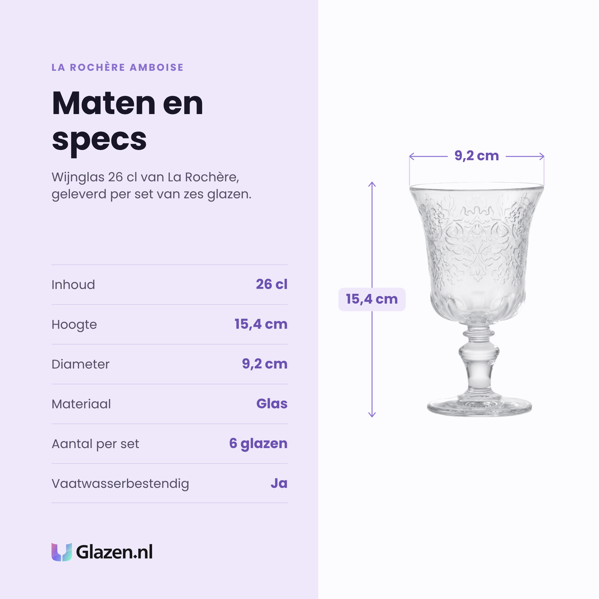 La Rochère Amboise wijnglas 26 cl specificaties: inhoud 26 cl, hoogte 15,4 cm, diameter 9,2 cm, glas, set van 6