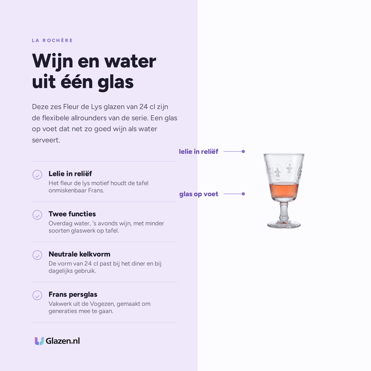 Infographic met de eigenschappen van La Rochère Fleur De Lys Wijn/Waterglas 24 cl - 6 Stuks