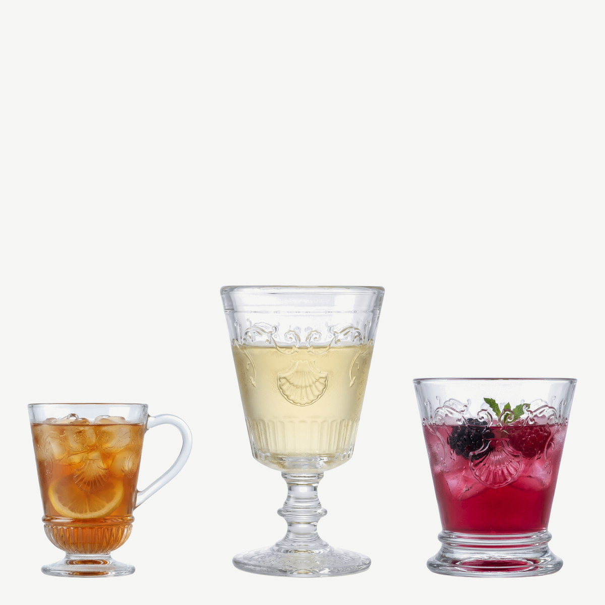 La Rochère Versailles glazenset met theeglas, wijnglas en tumbler gevuld