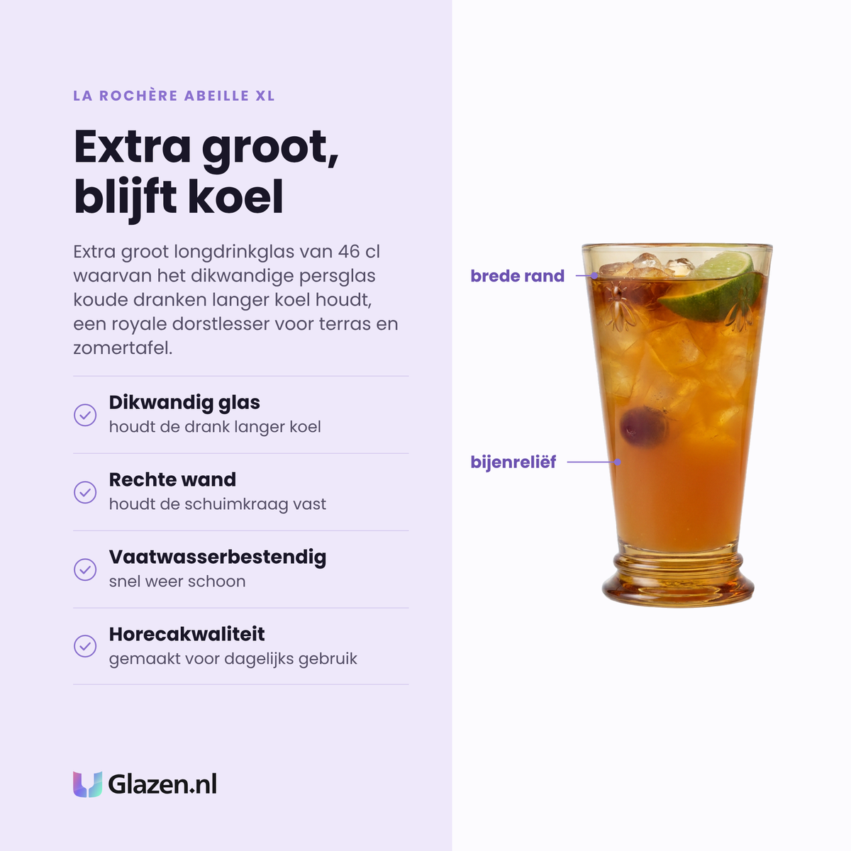 La Rochère Abeille XL longdrinkglas 46 cl eigenschappen: dikwandig glas houdt koel, bijenreliëf, vaatwasserbestendig, horecakwaliteit