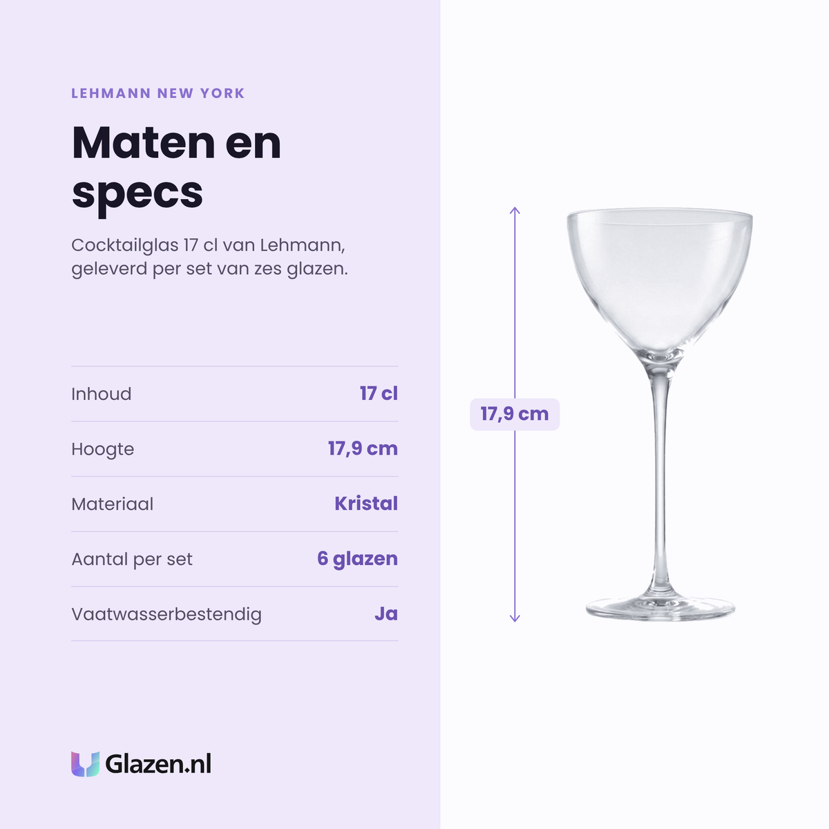 Lehmann New York cocktailglas 17 cl specificaties: inhoud 17 cl, hoogte 17,9 cm, kristal, set van 6