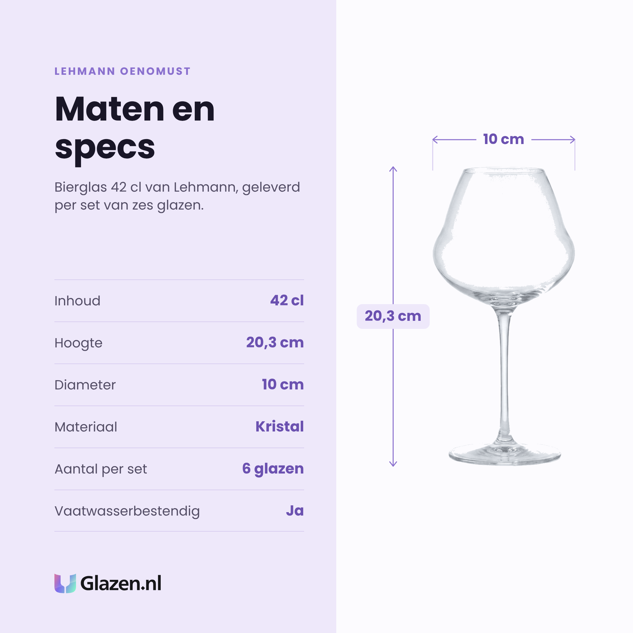 Lehmann Oenomust bierglas 42 cl specificaties: inhoud 42 cl, hoogte 20,3 cm, diameter 10 cm, kristal, set van 6