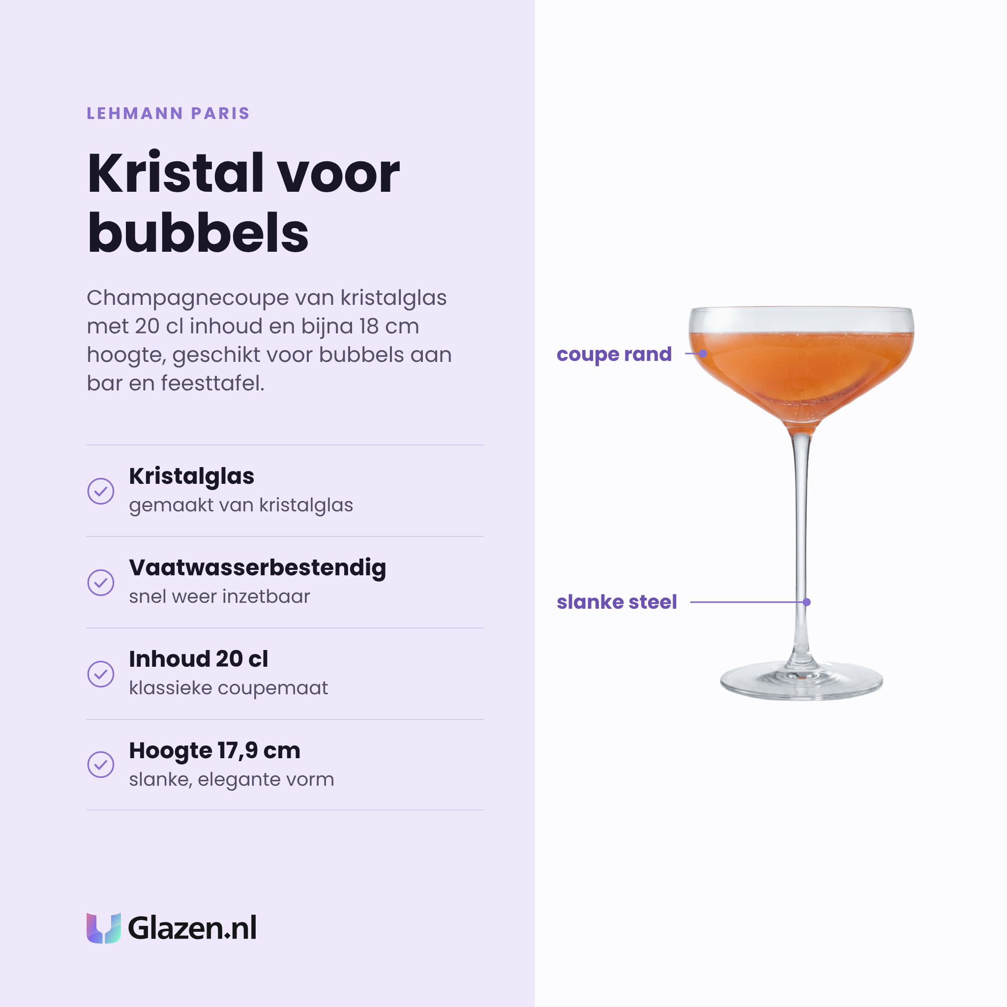 Lehmann Paris champagnecoupe 20 cl eigenschappen: gemaakt van kristalglas, vaatwasserbestendig, klassieke coupemaat, slanke elegante vorm