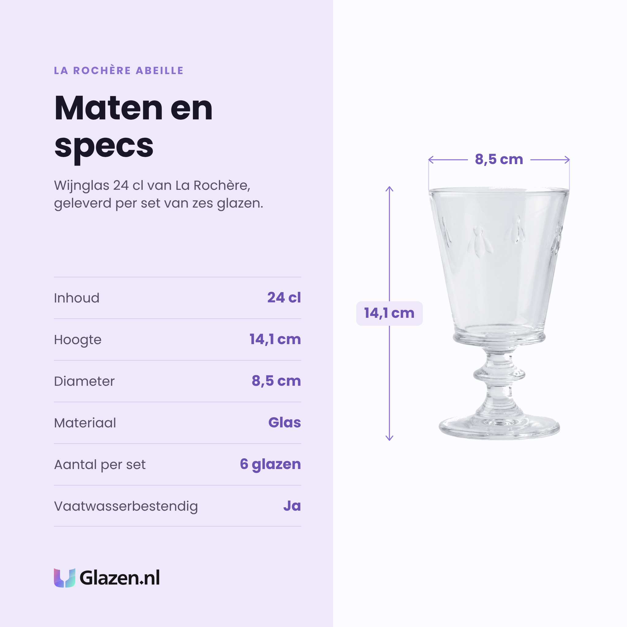 La Rochère Abeille wijnglas 24 cl specificaties: inhoud 24 cl, hoogte 14,1 cm, diameter 8,5 cm, glas, set van 6
