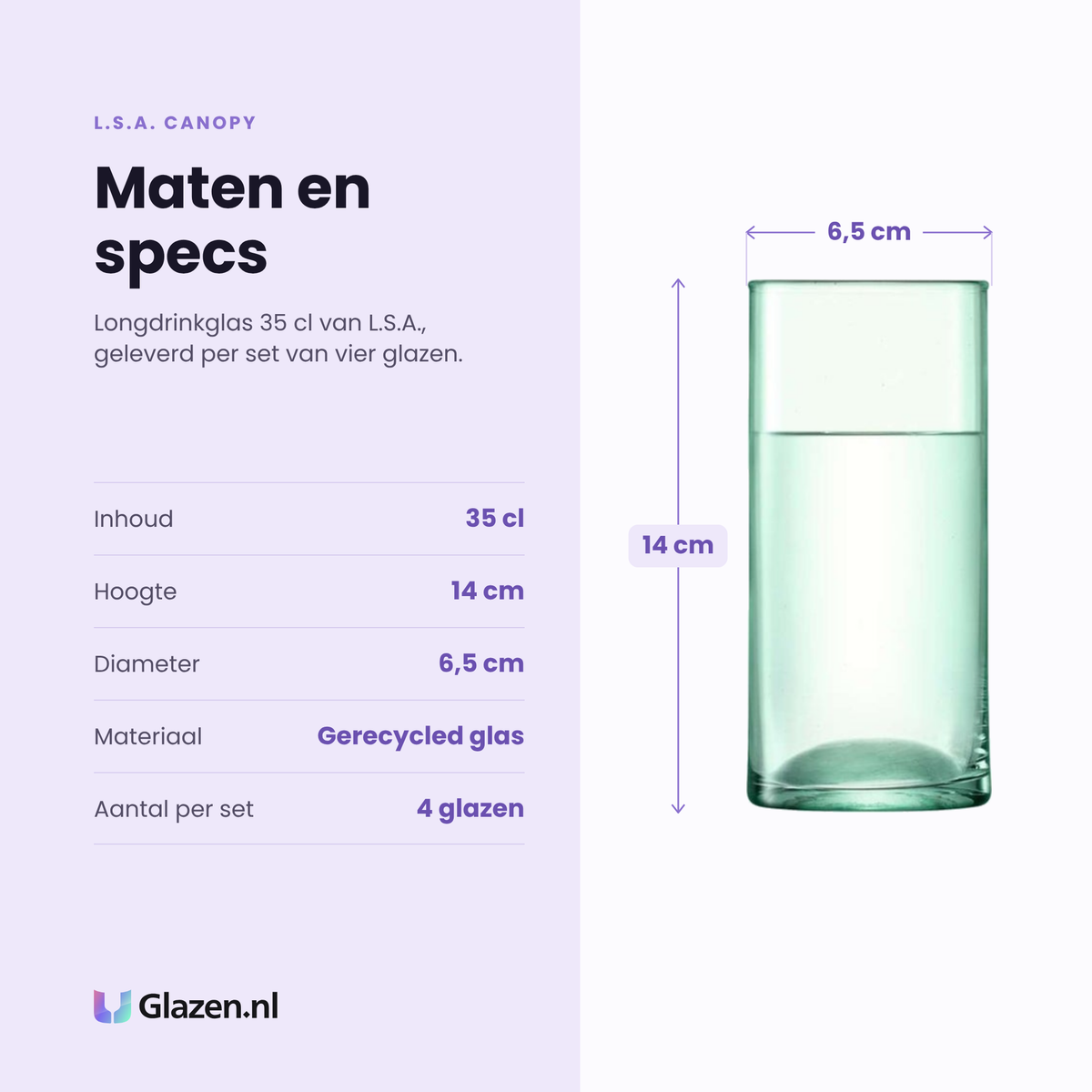 L.S.A. Canopy longdrinkglas 35 cl specificaties: inhoud 35 cl, hoogte 14 cm, diameter 6,5 cm, gerecycled glas, set van 4